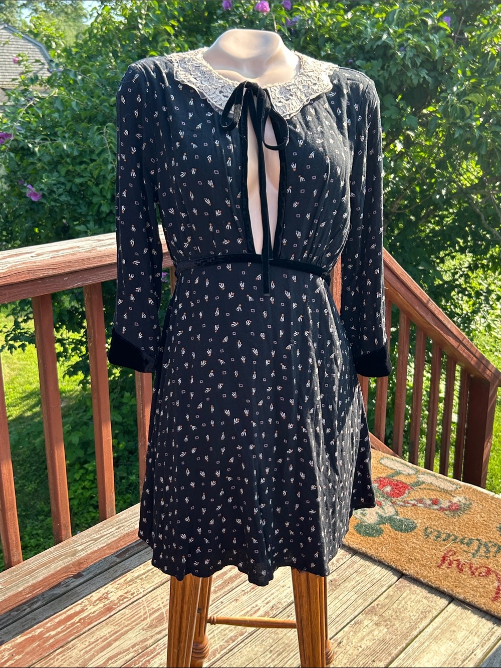 Free People Delfina Black Mini Dress w/ Peter Pan Collar and Velvet Trim